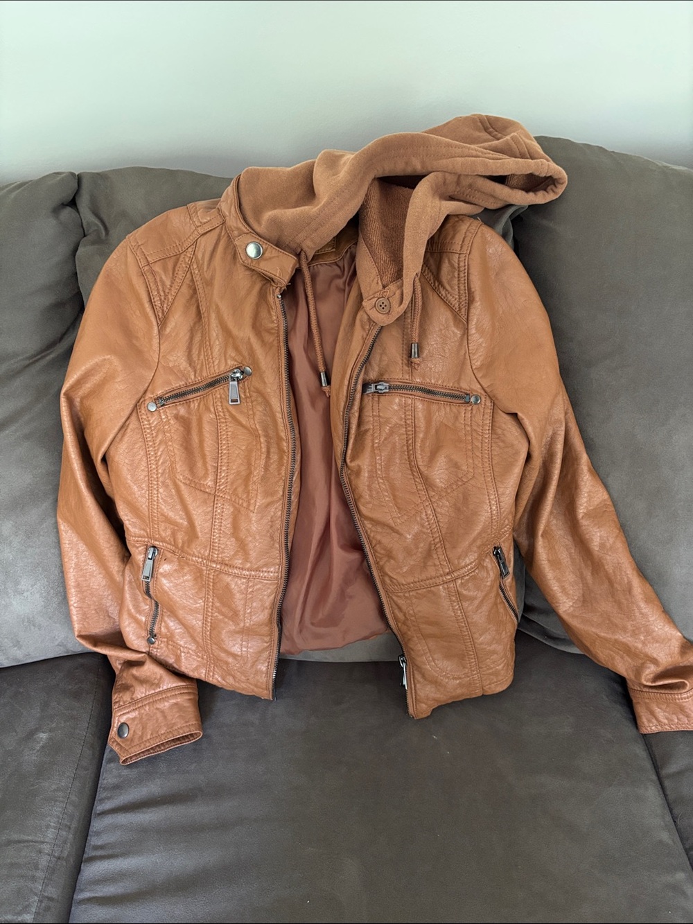Brown Faux Leather Hooded Jacket